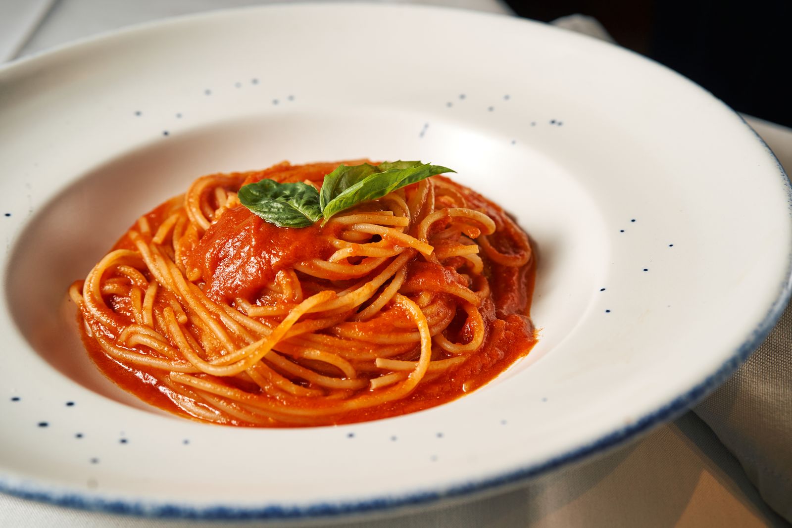 Homemade comfort foods: spaghetti with tomato sauce and basil on a plate