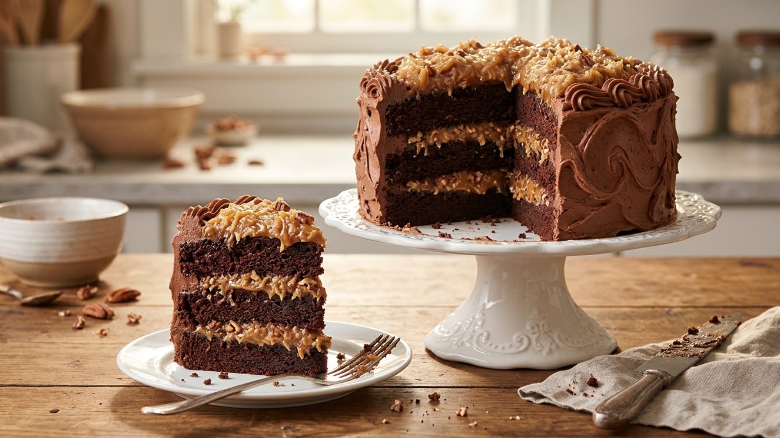 Coconut pecan frosting on a three layer German-style cake with a slice cut