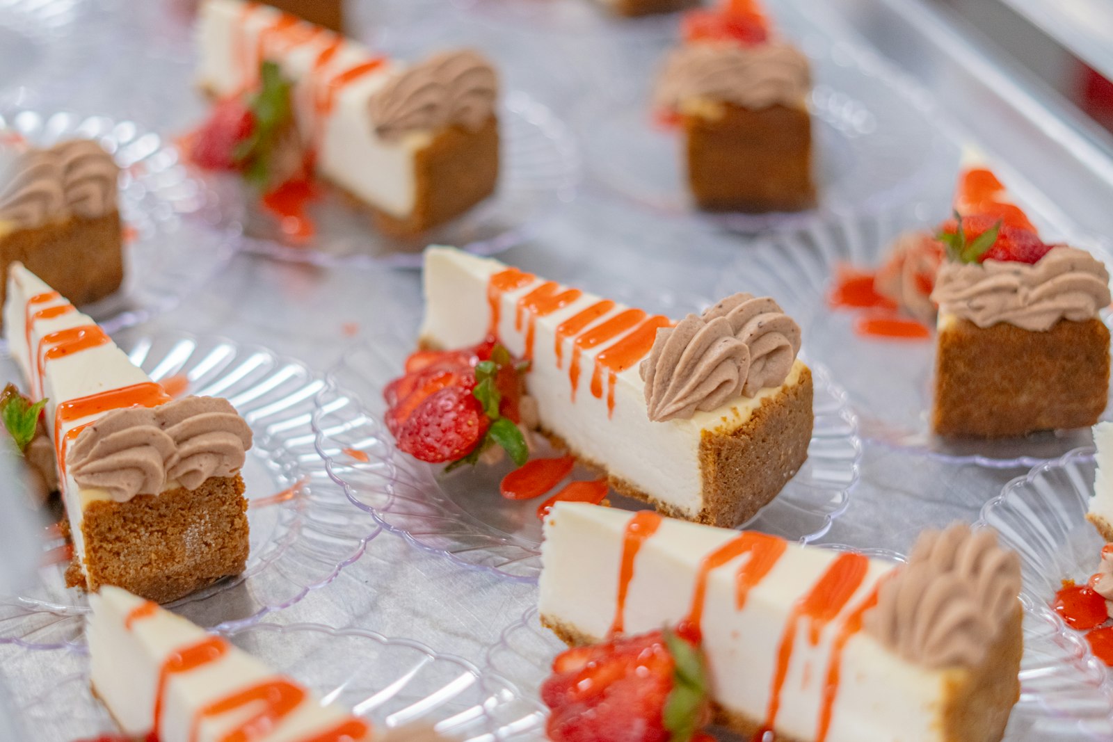 Cheesecake bites on a party tray