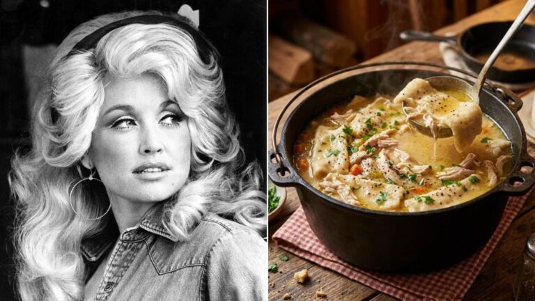 Dolly Parton chicken and dumplings: a 1977 photo of Dolly Parton beside a pot of chicken and dumplings