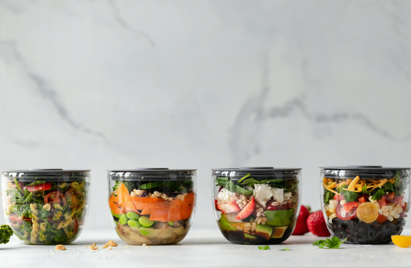 Meal prep jars lined up for the week