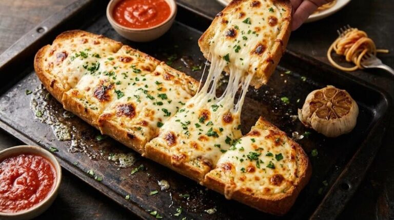 Garlic bread recipes: cheesy garlic bread with a long mozzarella pull