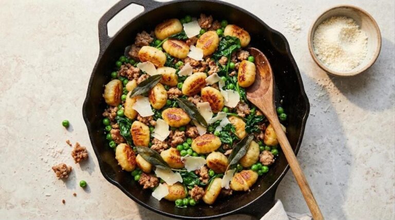 Gnocchi dinners: crispy skillet gnocchi with sausage, peas, spinach and Parmesan