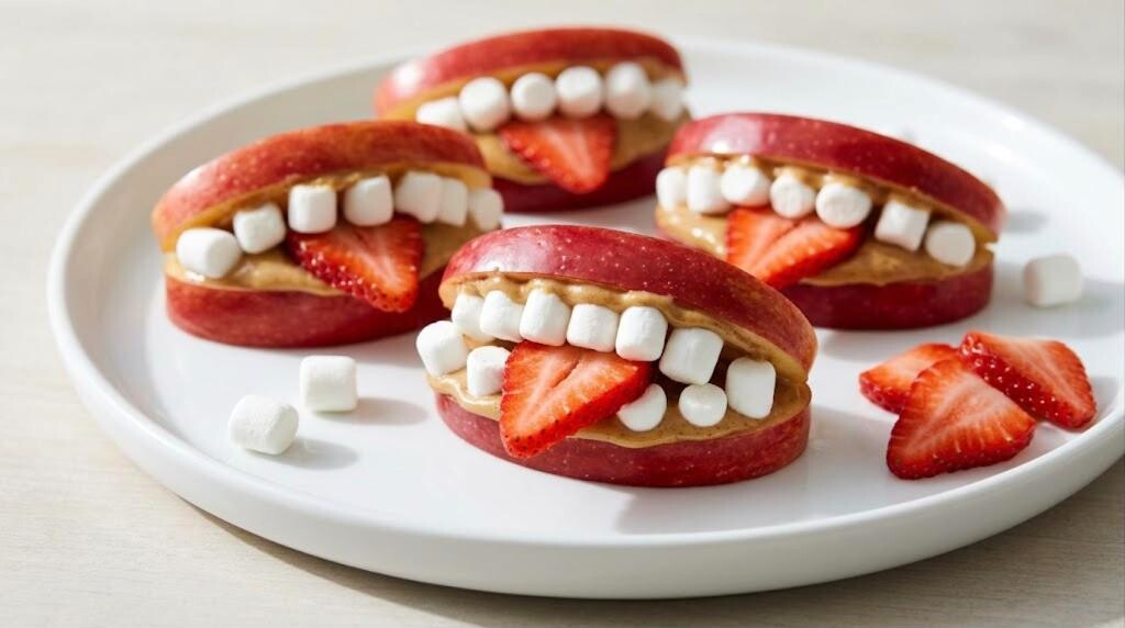 Apple monster mouths with sunflower butter and marshmallow teeth