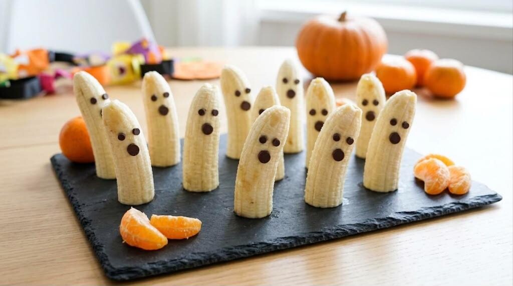 Halloween class party snacks: banana ghosts with chocolate chip faces