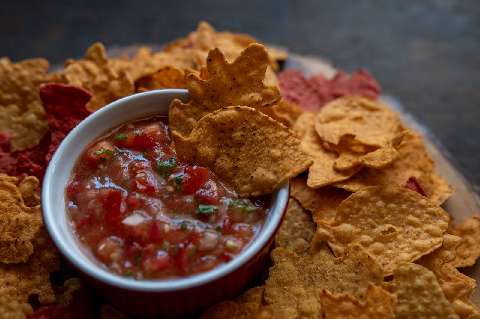 Tortilla chips with a bowl of fresh salsa