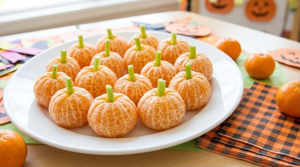 Clementine pumpkins with celery stems, an easy nut-free Halloween class party snack