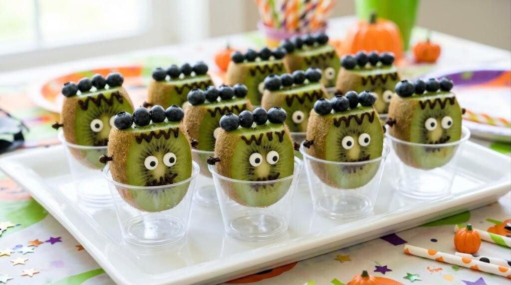 Frankenstein kiwi cups for Halloween class party snacks