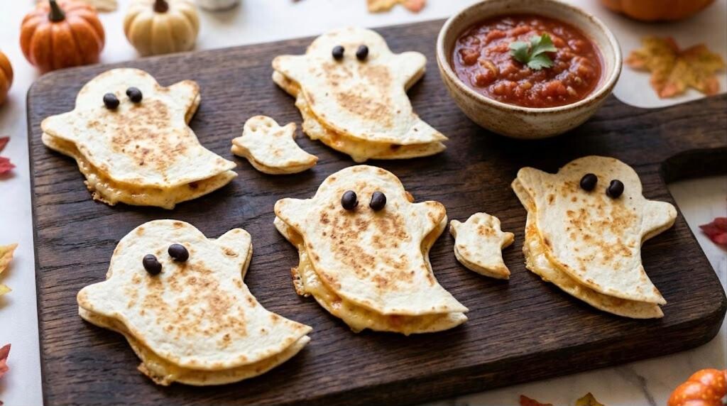 Halloween class party snacks: ghost shaped cheese quesadillas