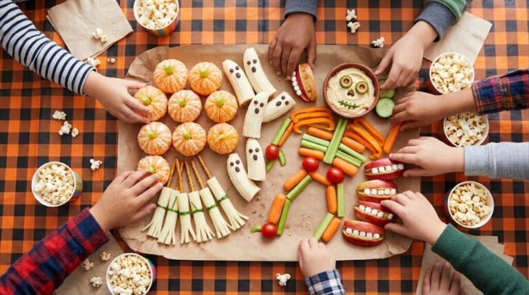 Halloween class party snacks: clementine pumpkins, banana ghosts, veggie skeleton and apple monster mouths