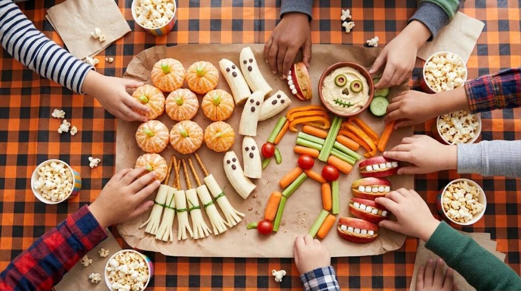 Halloween class party snacks: clementine pumpkins, banana ghosts, veggie skeleton and apple monster mouths