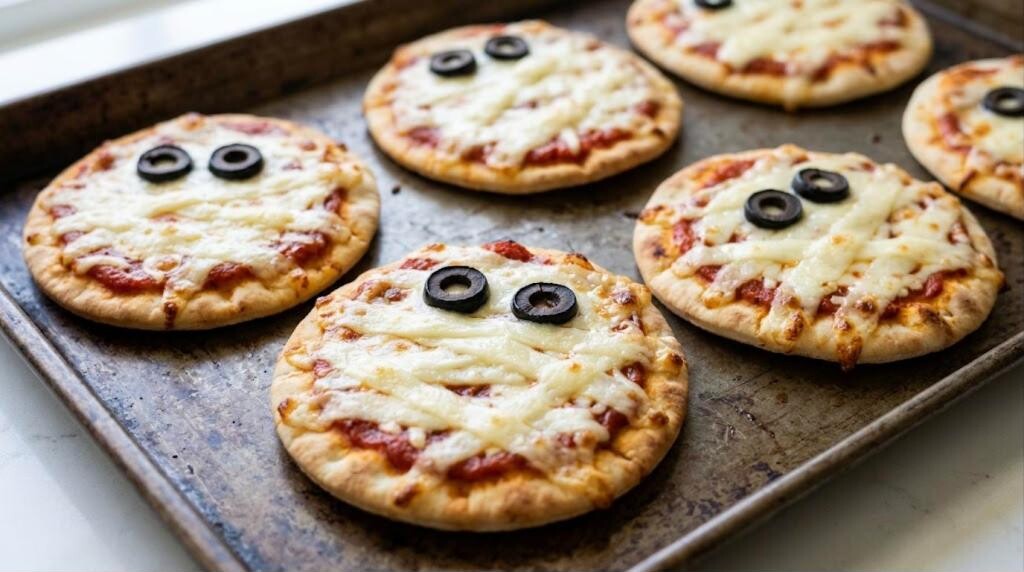 Halloween class party snacks: mummy pita pizzas with olive eyes