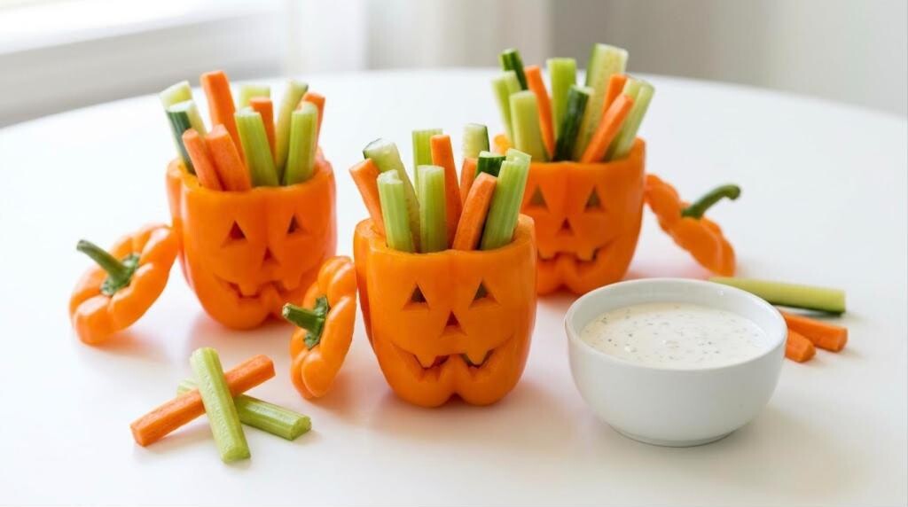 Jack-o-lantern bell peppers filled with veggie sticks and ranch