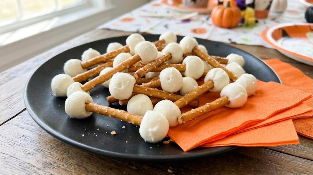 Pretzel and mozzarella bones on a black plate