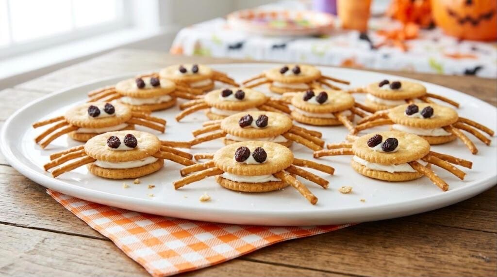 Spider crackers with cream cheese, pretzel legs and raisin eyes