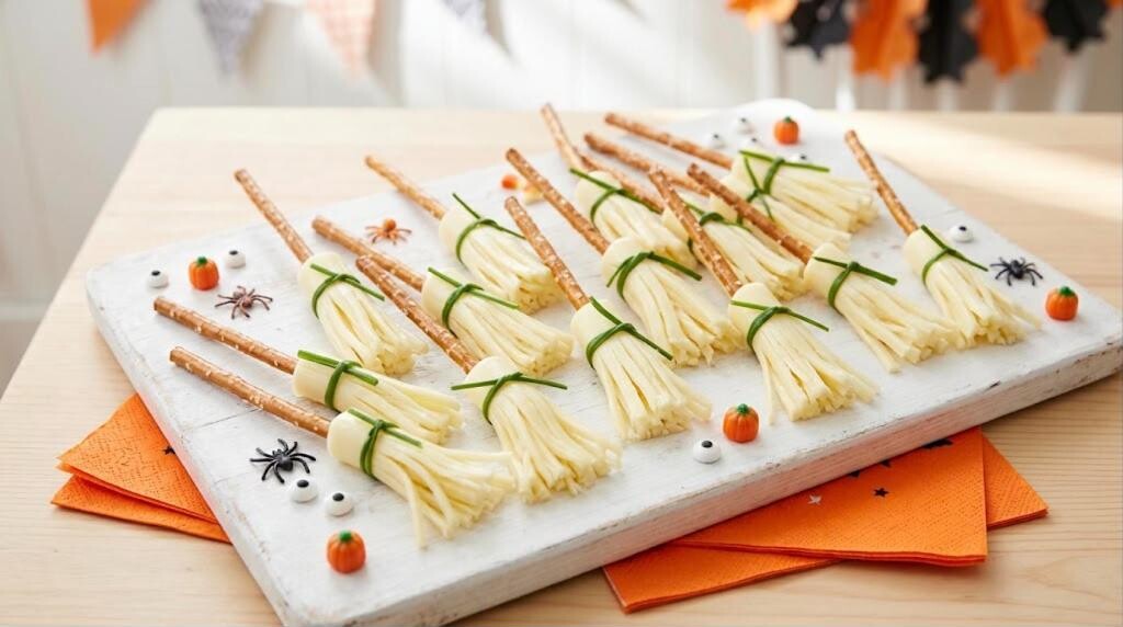String cheese witch brooms with pretzel stick handles