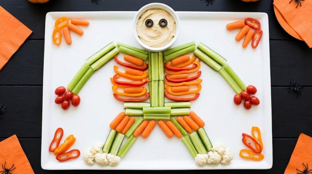 Halloween class party snacks: veggie skeleton tray with a hummus skull