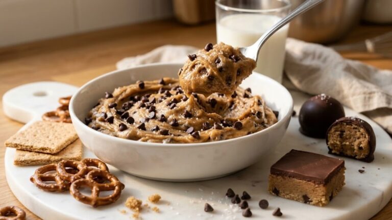 Cookie dough desserts: a bowl of edible chocolate chip cookie dough with truffles, bars and graham crackers