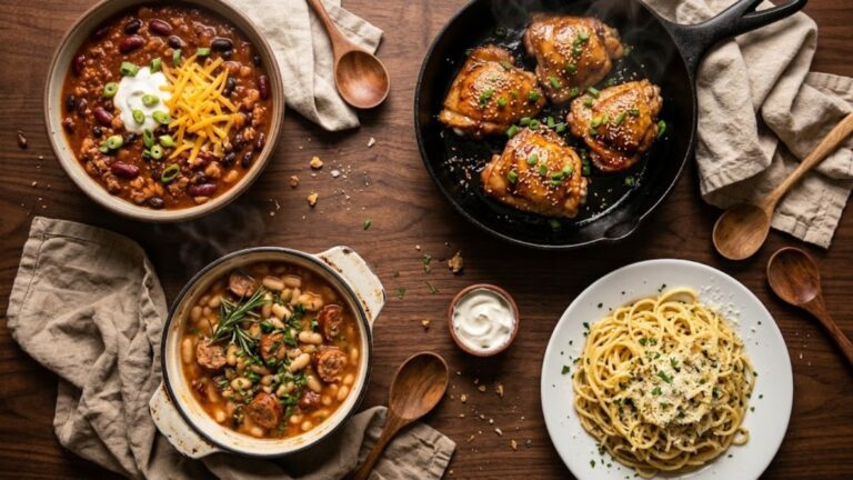 Cozy dinners on a walnut table: turkey chili, miso chicken, white bean stew and garlic noodles