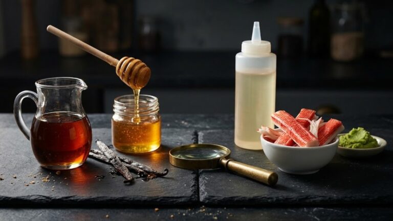 Fake foods versus the real thing: maple syrup, honey and vanilla beside imitation syrup and imitation crab