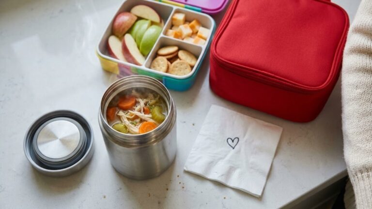 Hot school lunches: an insulated food jar of chicken noodle soup next to a lunch box with apples and cheese