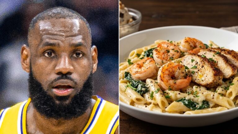 LeBron James beside a bowl of chicken and shrimp pasta