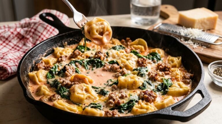Tortellini dinners: a cast iron skillet of creamy spinach and sausage tortellini with a fork