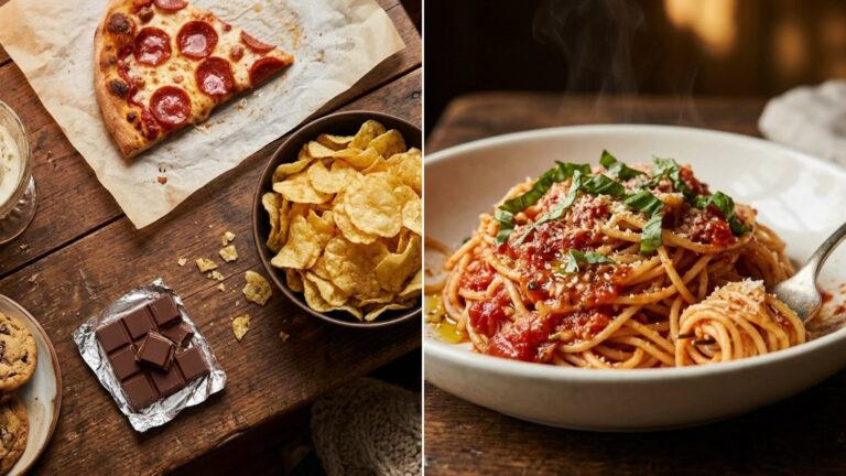 Comfort foods: chips, ice cream, pizza, chocolate and cookies beside a bowl of homemade spaghetti