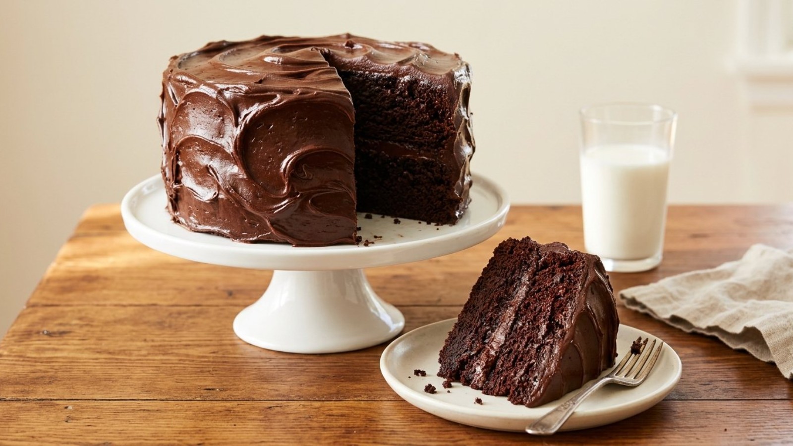 Chocolate cakes from scratch: a two layer fudge frosted cake on a white stand with a slice on a plate