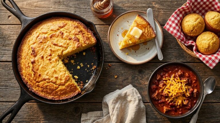 Cornbread recipes: a cast iron skillet of golden buttermilk cornbread with a buttered wedge, chili and muffins