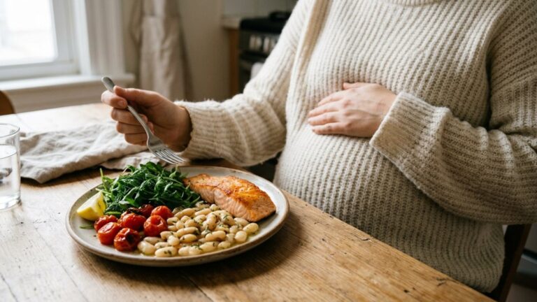 Dinners for pregnancy: a mom-to-be at the table with seared salmon, white beans, roasted tomatoes and greens