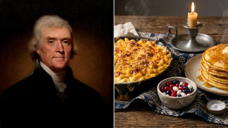 Presidents' favorite foods: a portrait of Thomas Jefferson beside mac and cheese, hoecakes with honey and jelly beans