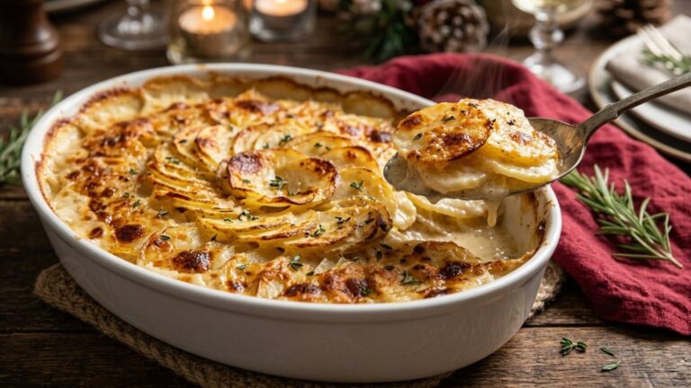 Scalloped potatoes: a golden spiral potato gratin in a white baking dish with a spoon lifting a creamy corner