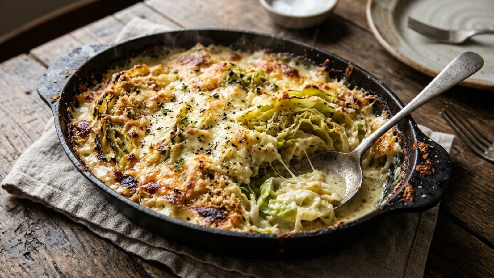 Cabbage gratin with a bubbling golden cheese and breadcrumb crust