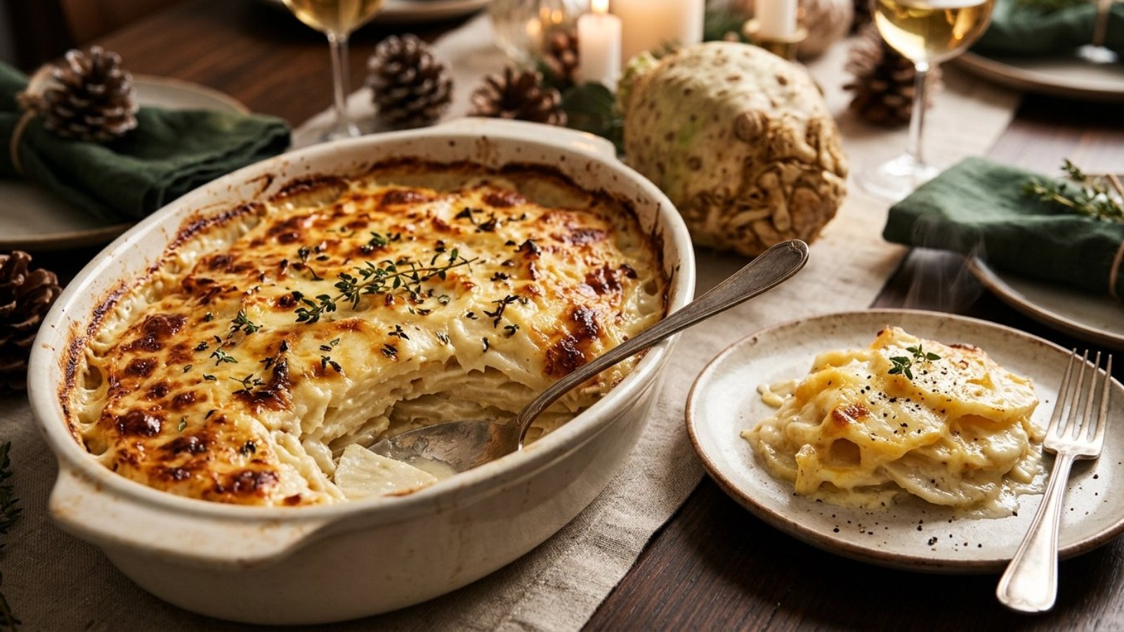 Celery root gratin in an oval dish with thyme and a served portion