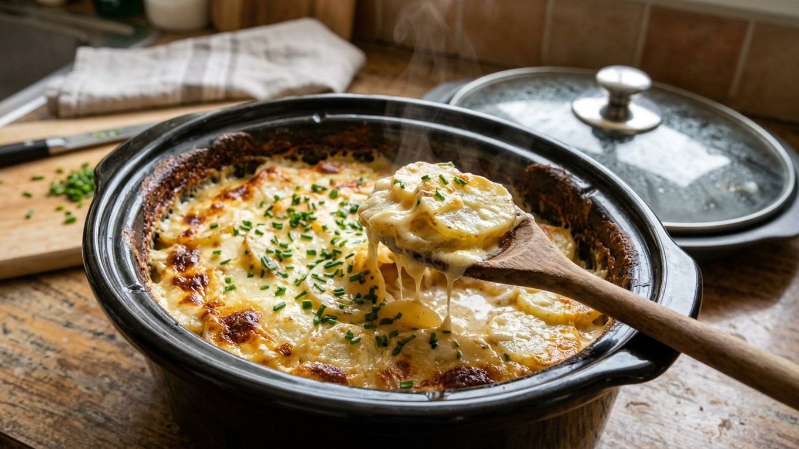 Creamy potatoes in a slow cooker with a spoon and chives