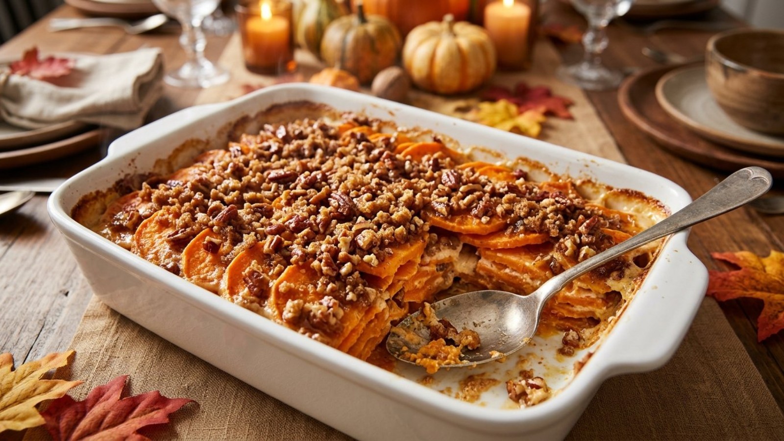 Sweet potato gratin topped with a pecan crumble in a white dish