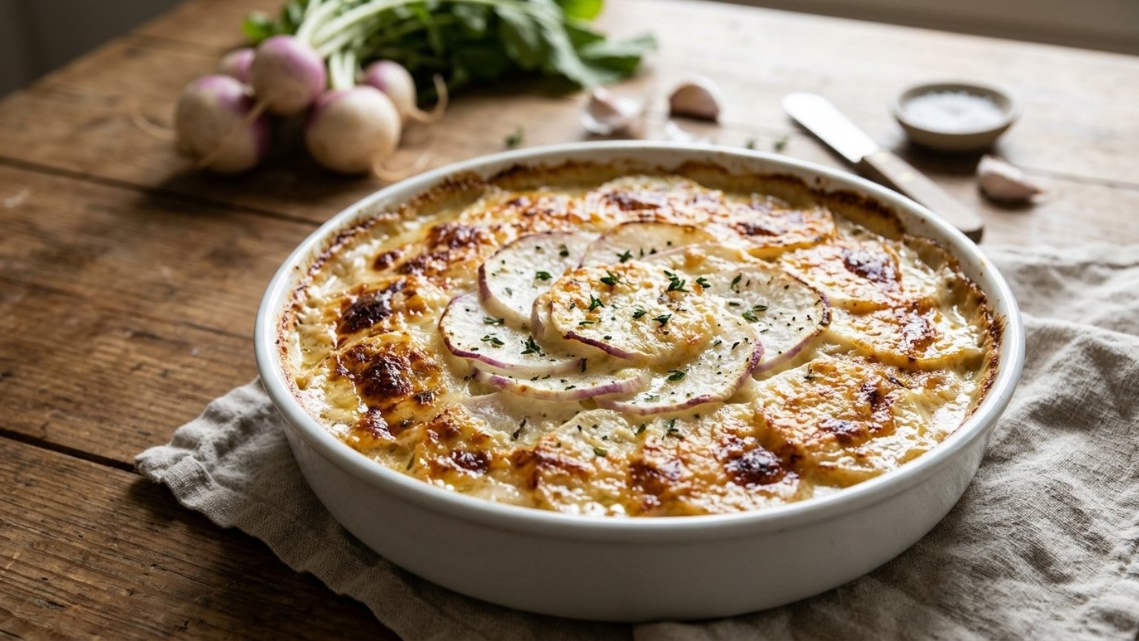 Turnip gratin with a golden Parmesan crust in a round dish