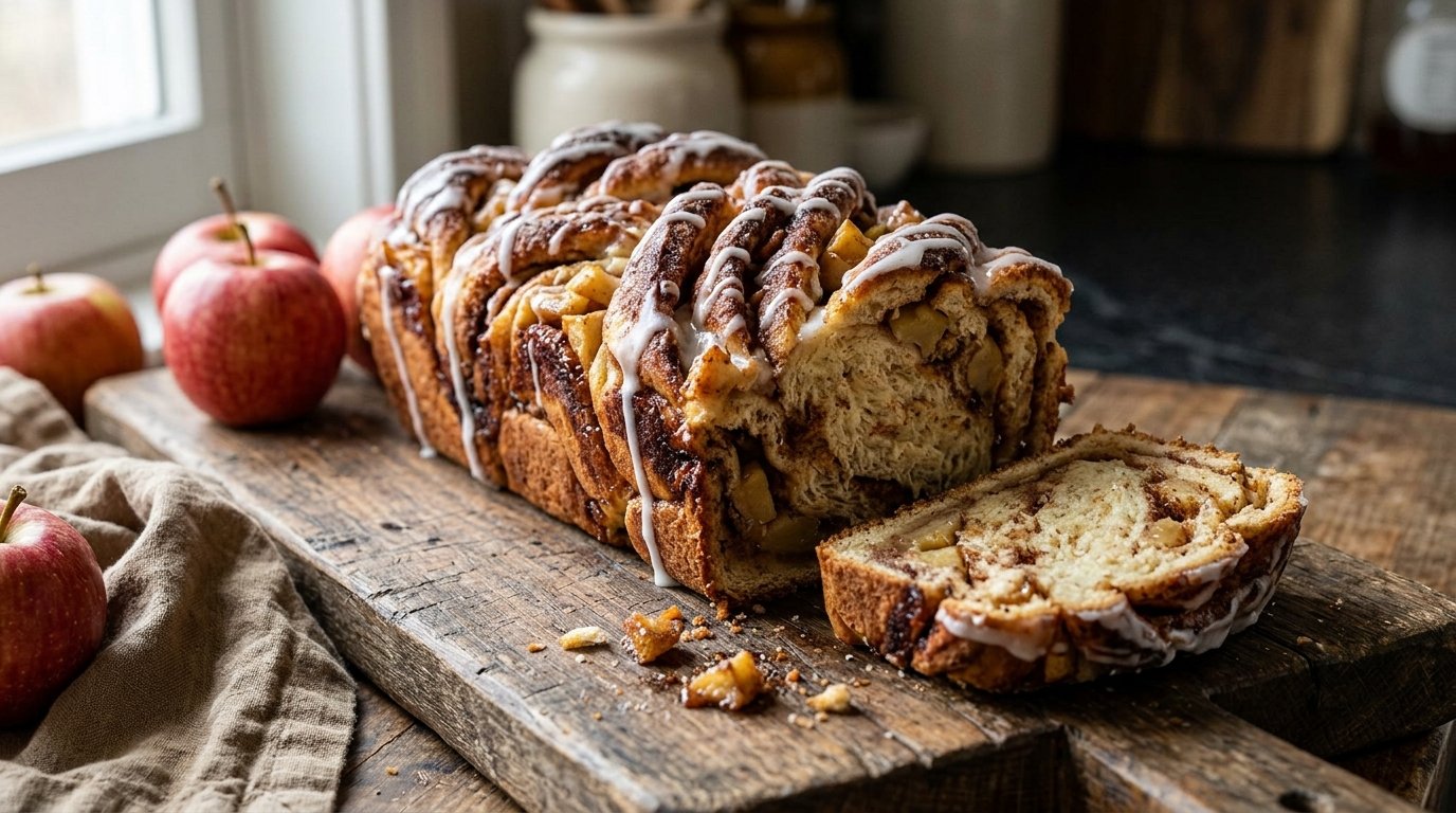 Apple cinnamon swirl loaf with white icing and fresh apples