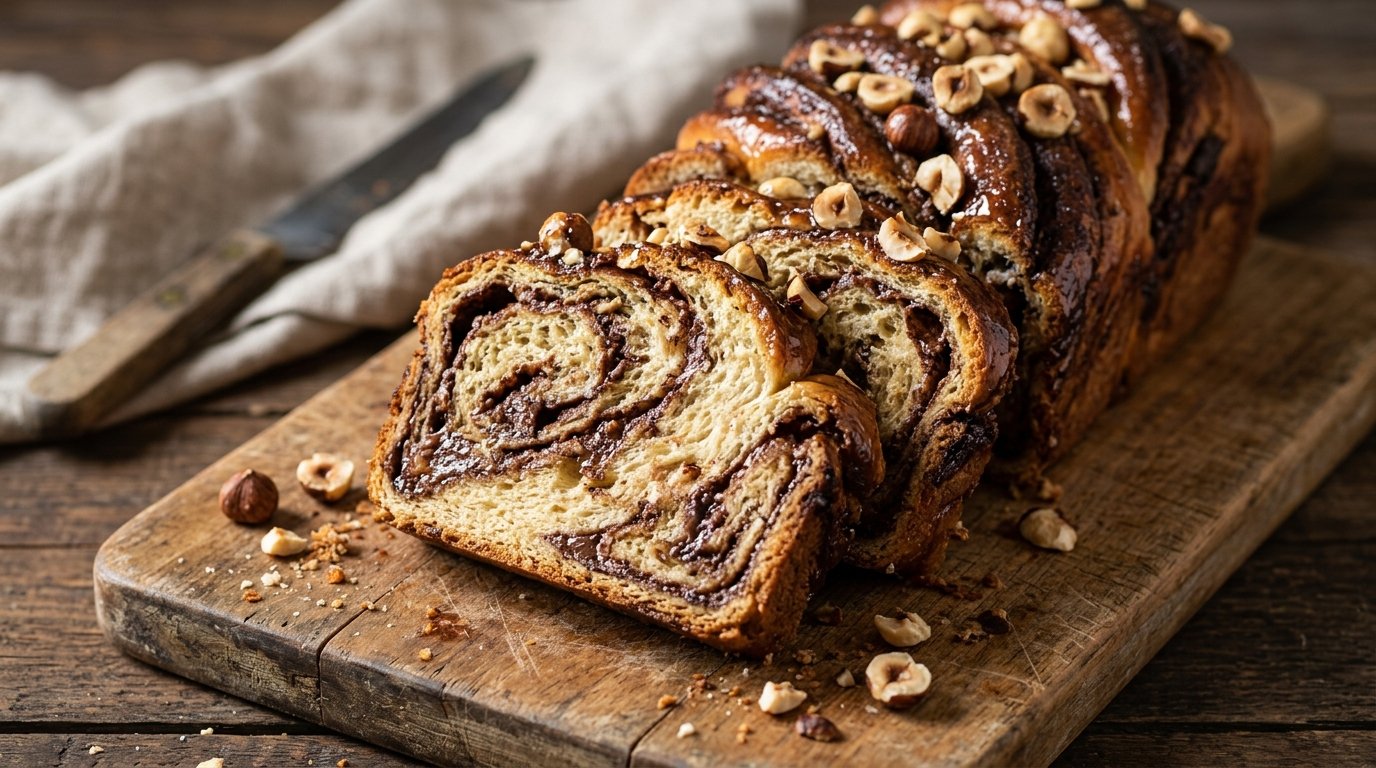 Sliced chocolate hazelnut babka with toasted hazelnuts, one of the easiest babka recipes
