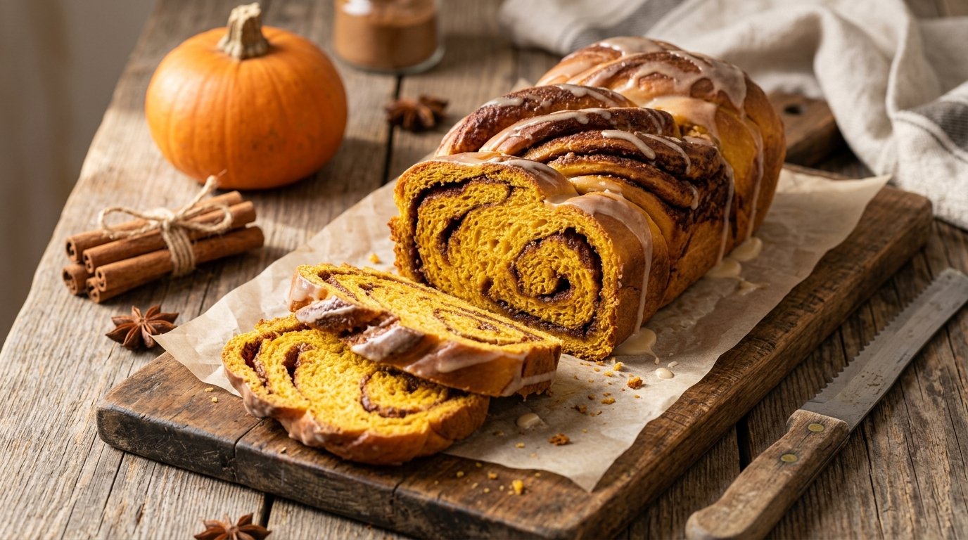 Pumpkin spice swirl loaf sliced to show cinnamon layers