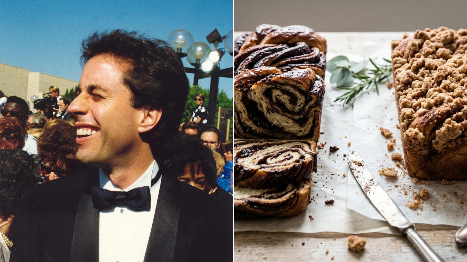 Jerry Seinfeld next to chocolate and cinnamon loaves from two favorite babka recipes