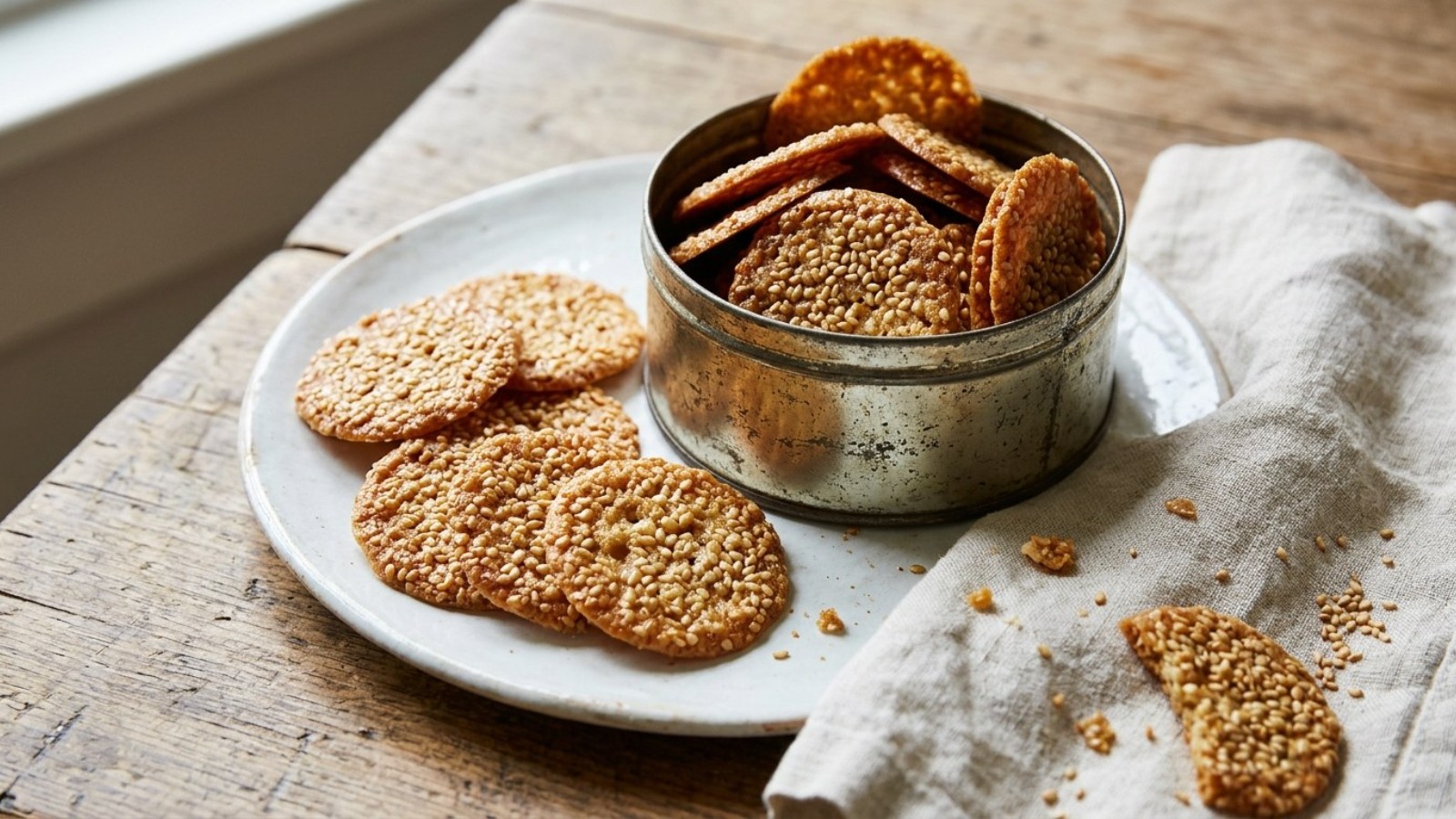 Thin golden benne wafers covered in sesame seeds on a white plate