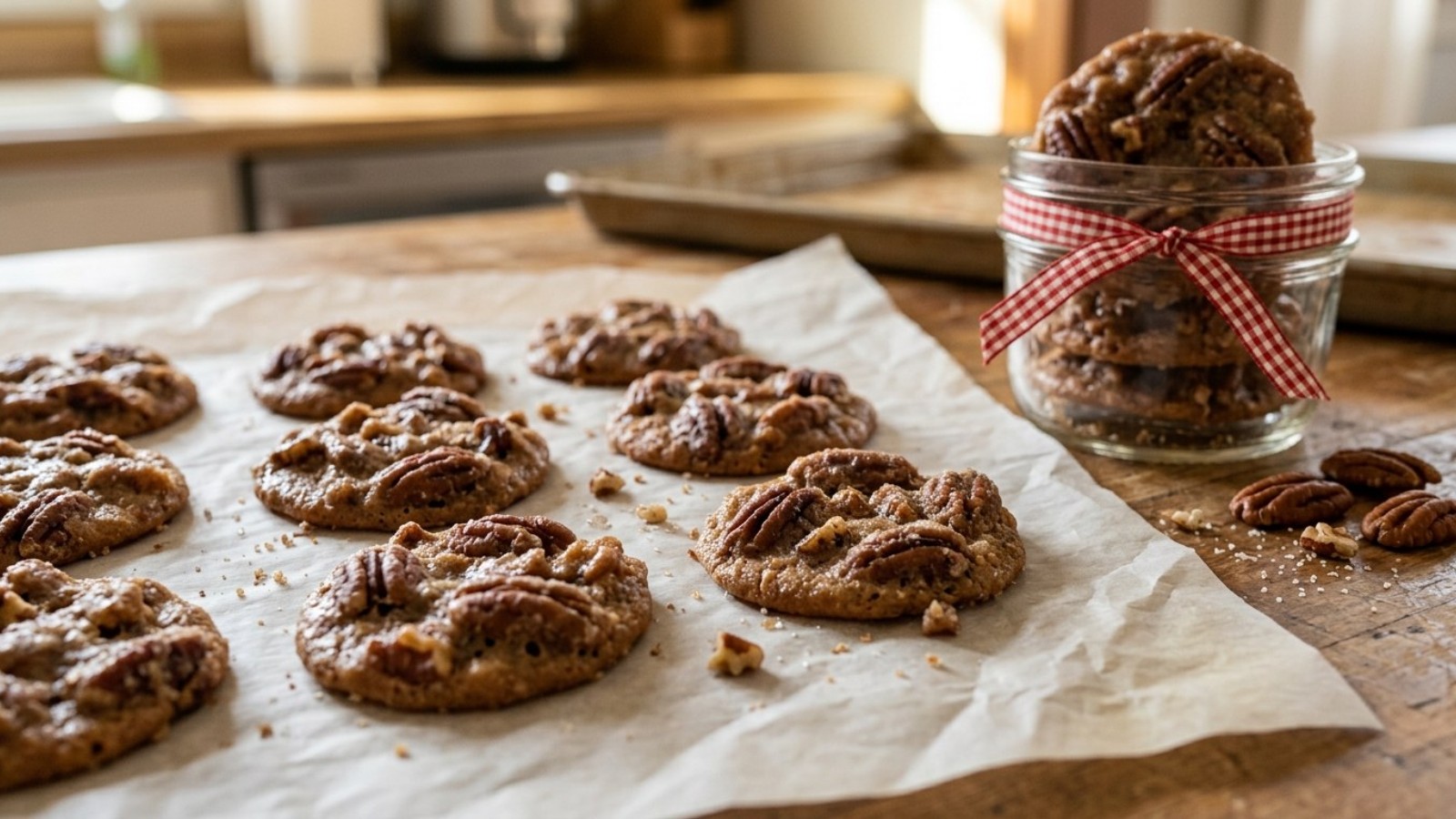 Southern pecan pralines on parchment with a jar tied in gingham ribbon, classic holiday baking gifts