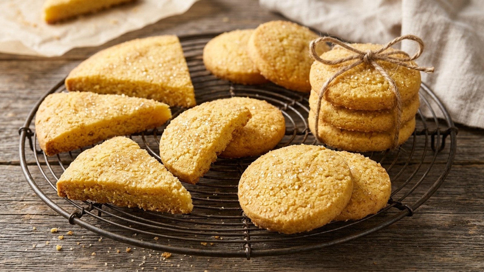 Cornmeal shortbread cookies with coarse sugar on a cooling rack