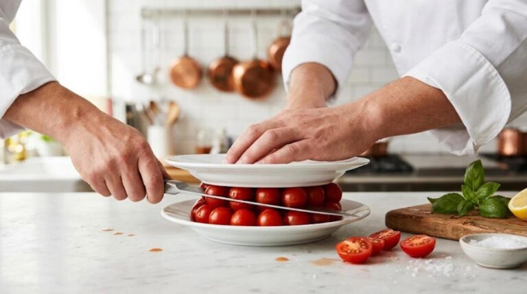 Chef hands halving a tray of cherry tomatoes between two plates on a marble counter