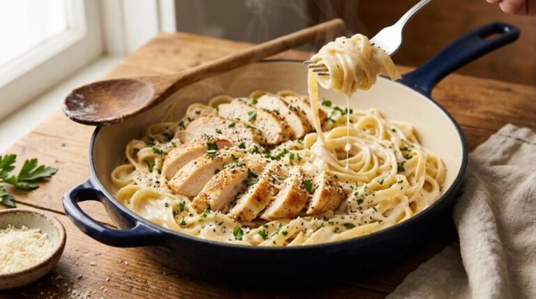 Creamy chicken fettuccine Alfredo in a navy skillet with a fork twirling noodles