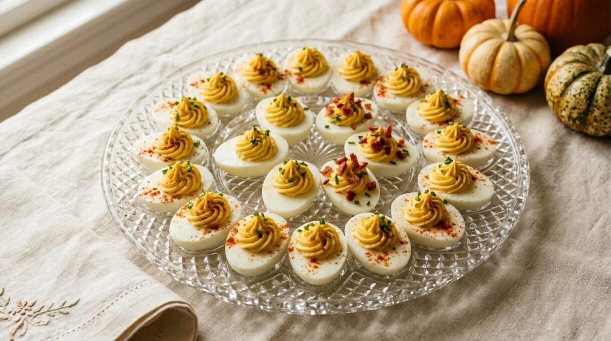 Classic deviled eggs with paprika and chives on a vintage glass platter