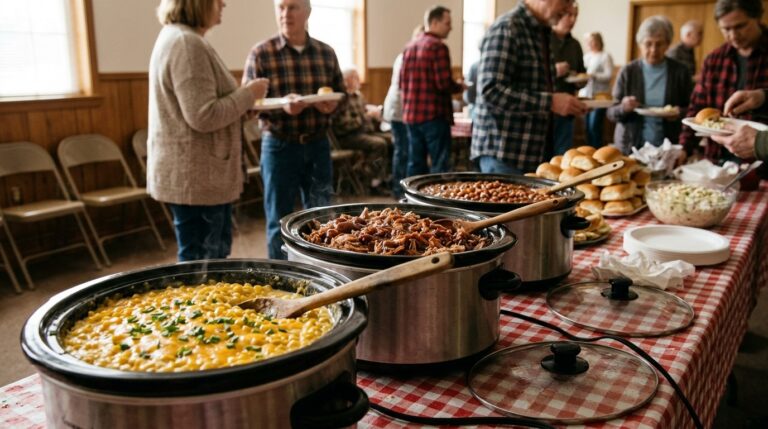 Crockpot potluck recipes lined up on a church supper table: cheesy corn, pulled pork and baked beans
