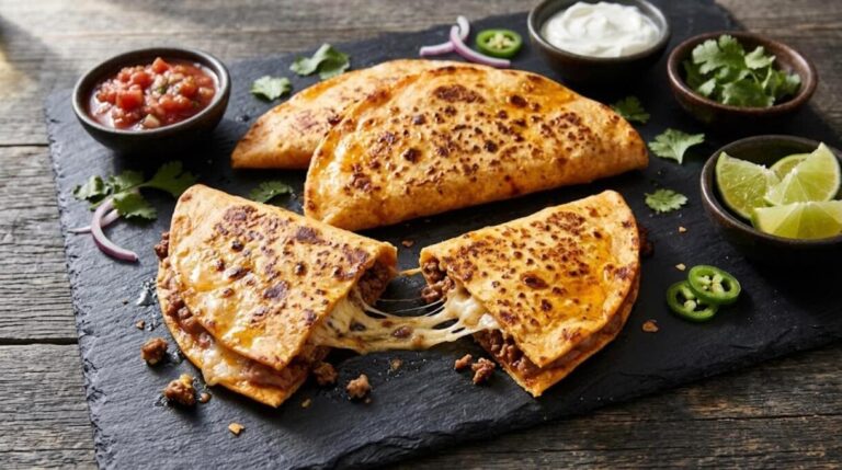 Crispy beef tortilla pockets with melted cheese, salsa and lime